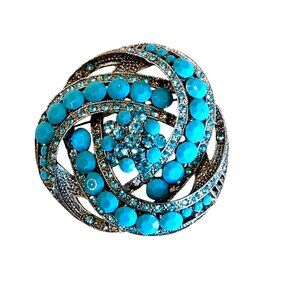 VTG Turquoise Rhinestone Spiral Brooch 2" Pendant Silver-Tone Intricate Swirl